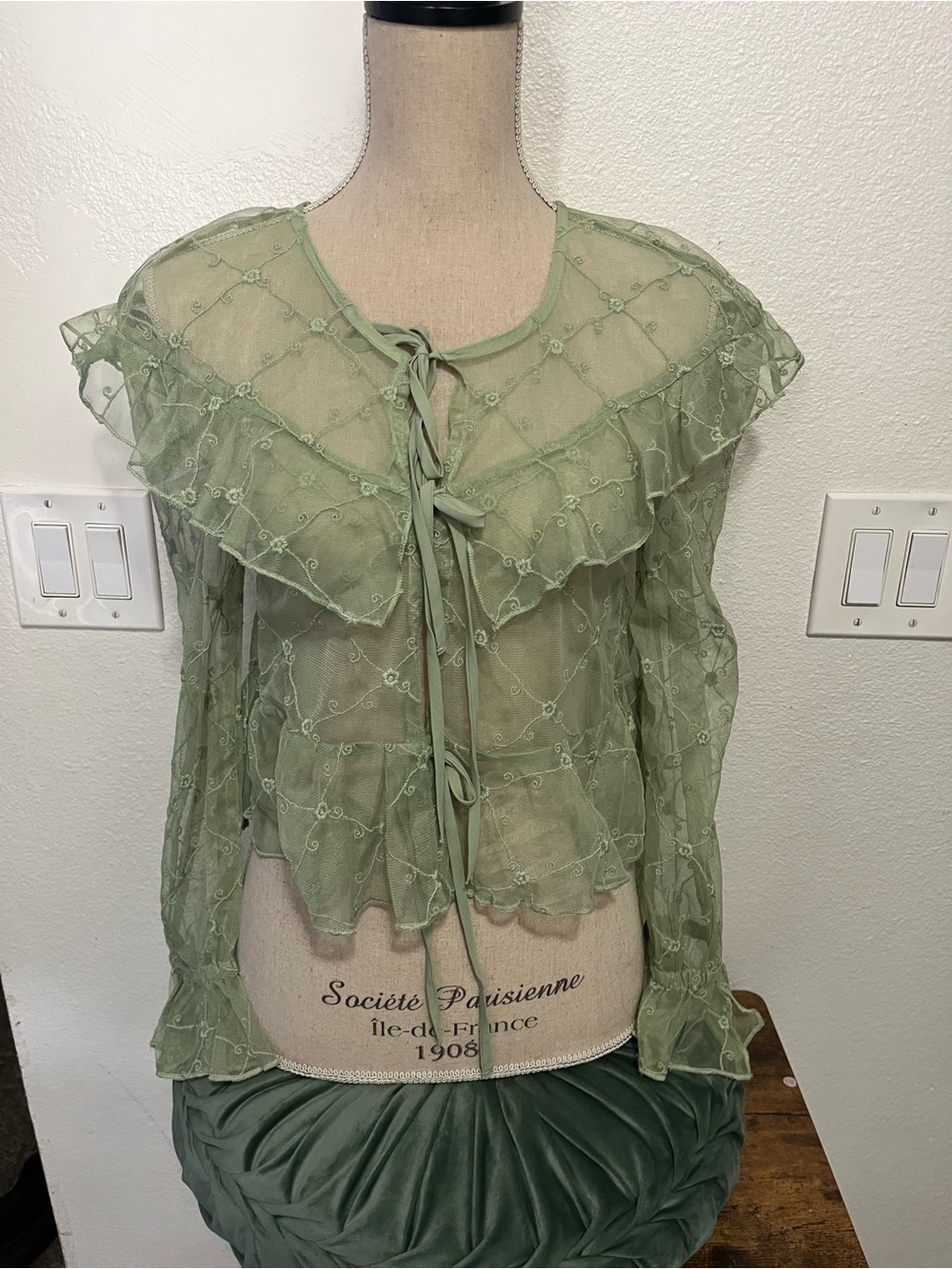 American Eagle Outfitters Sage Green Sheer Ruffle Tie-Front Blouse
